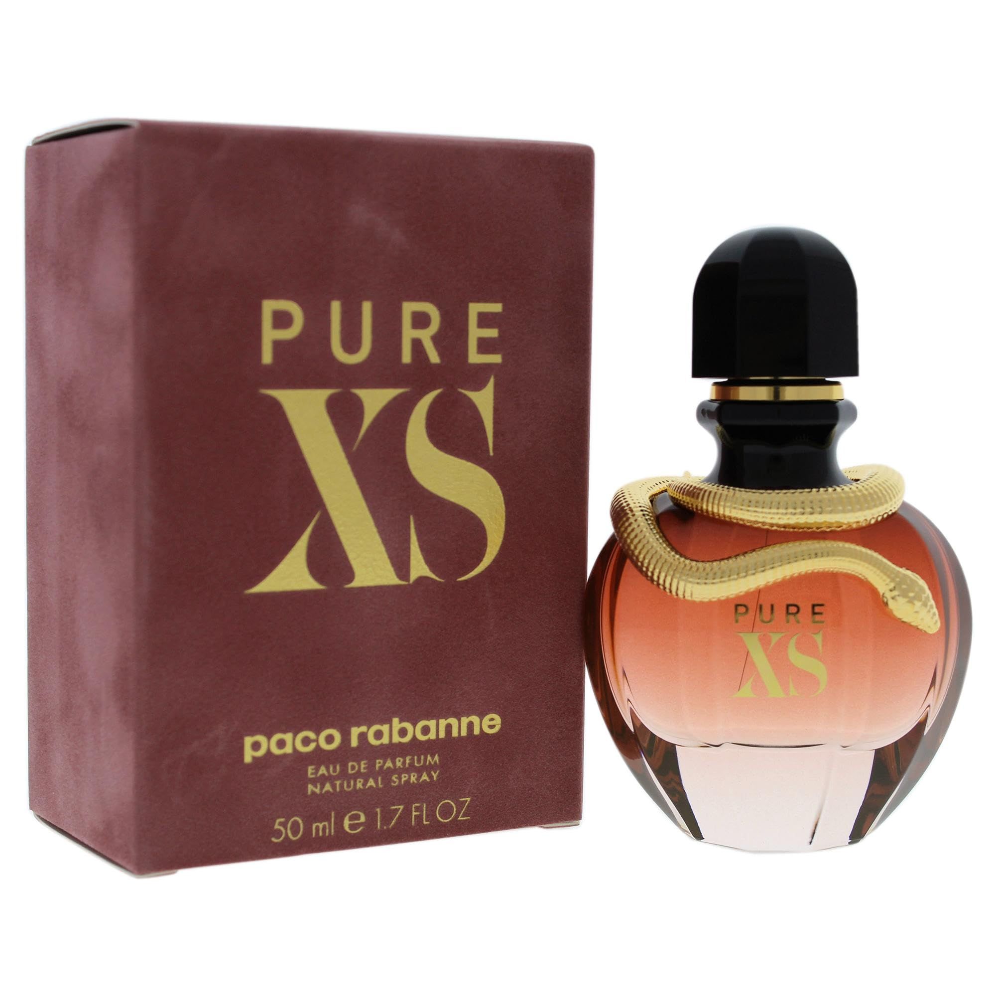 Scatola marrone e flacone rosa con serpente dorato. Scritta: PURE XS. 50 ml.