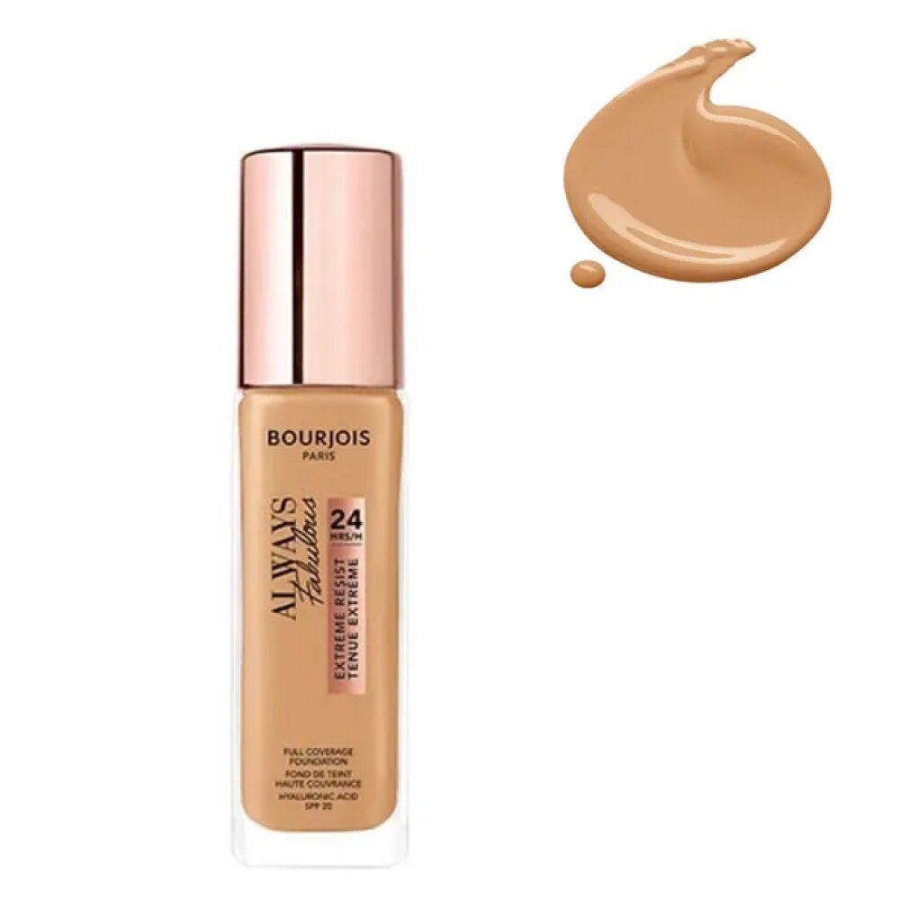 Fondotinta Bourjois Always Fabulous. Flacone con macchia di colore. Testo: 24H, SPF 20.