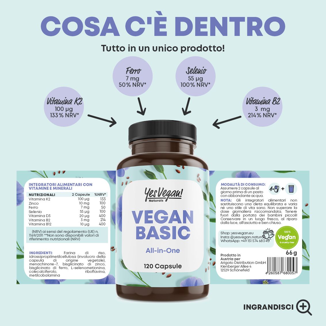 Flacone Yes Vegan! Naturals Vegan Basic All-in-One Multivitaminici, 120 Capsule, con etichetta '100% Vegan'.