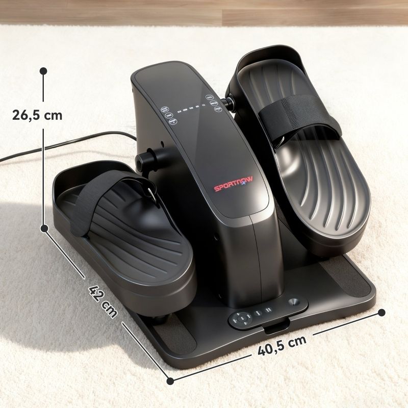 Mini ellittica. Dimensioni: 42x40,5x26,5 cm. Apparecchio nero con pedali, pannello comandi e logo SPORTNOW. Su tappeto chiaro.