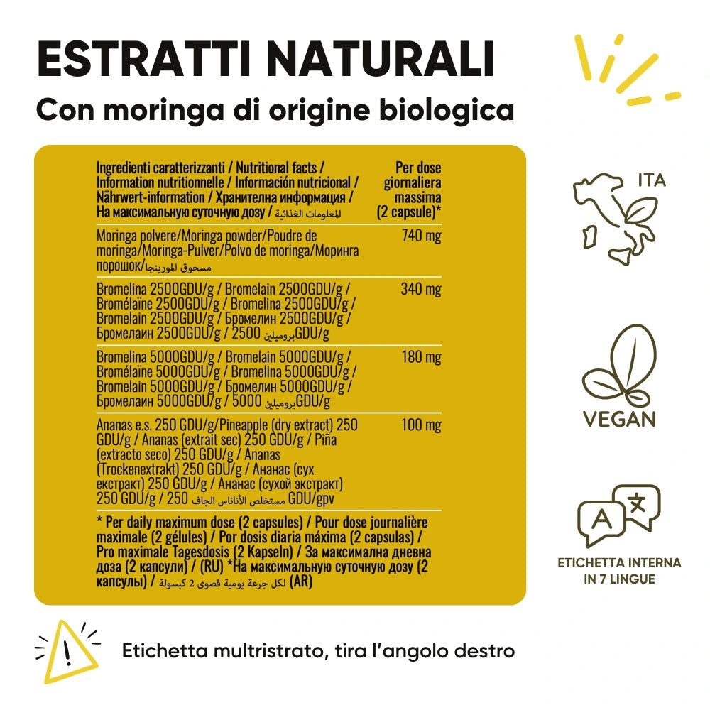 Etichetta gialla con ingredienti. Testo: Estratti, Moringa, Vegan, Etichetta interna in 7 lingue. Bandiera italiana.