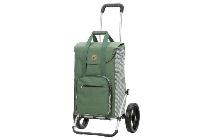 Carrello della spesa verde con telaio nero e due ruote. Borsa superiore con manico, tasca inferiore con zip.