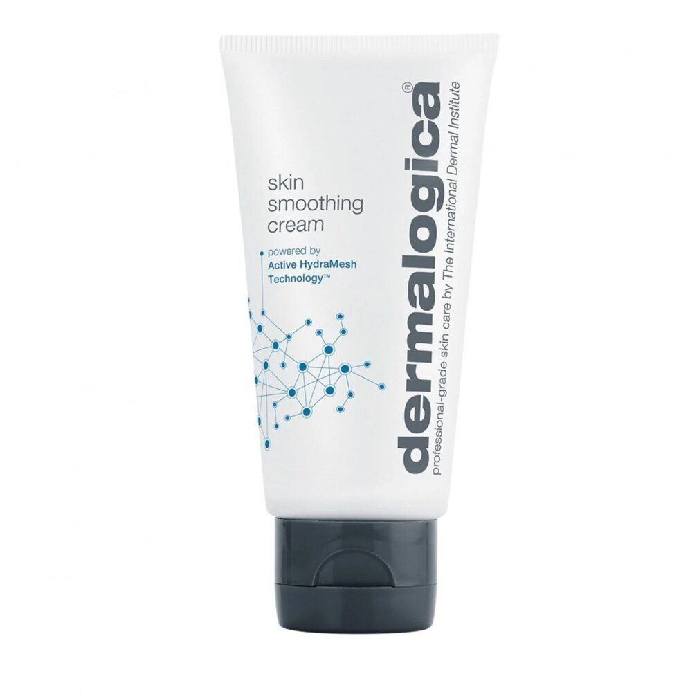 Tubo bianco con tappo grigio. Scritta: skin smoothing cream, Dermalogica. 1.7 US FL OZ / 100 ml.