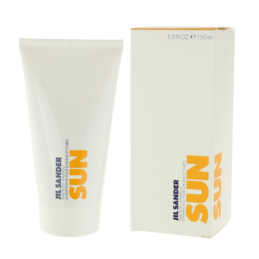 Tubo e scatola bianchi. Scritta SUN arancione. Jil Sander Hair & Body Shampoo.