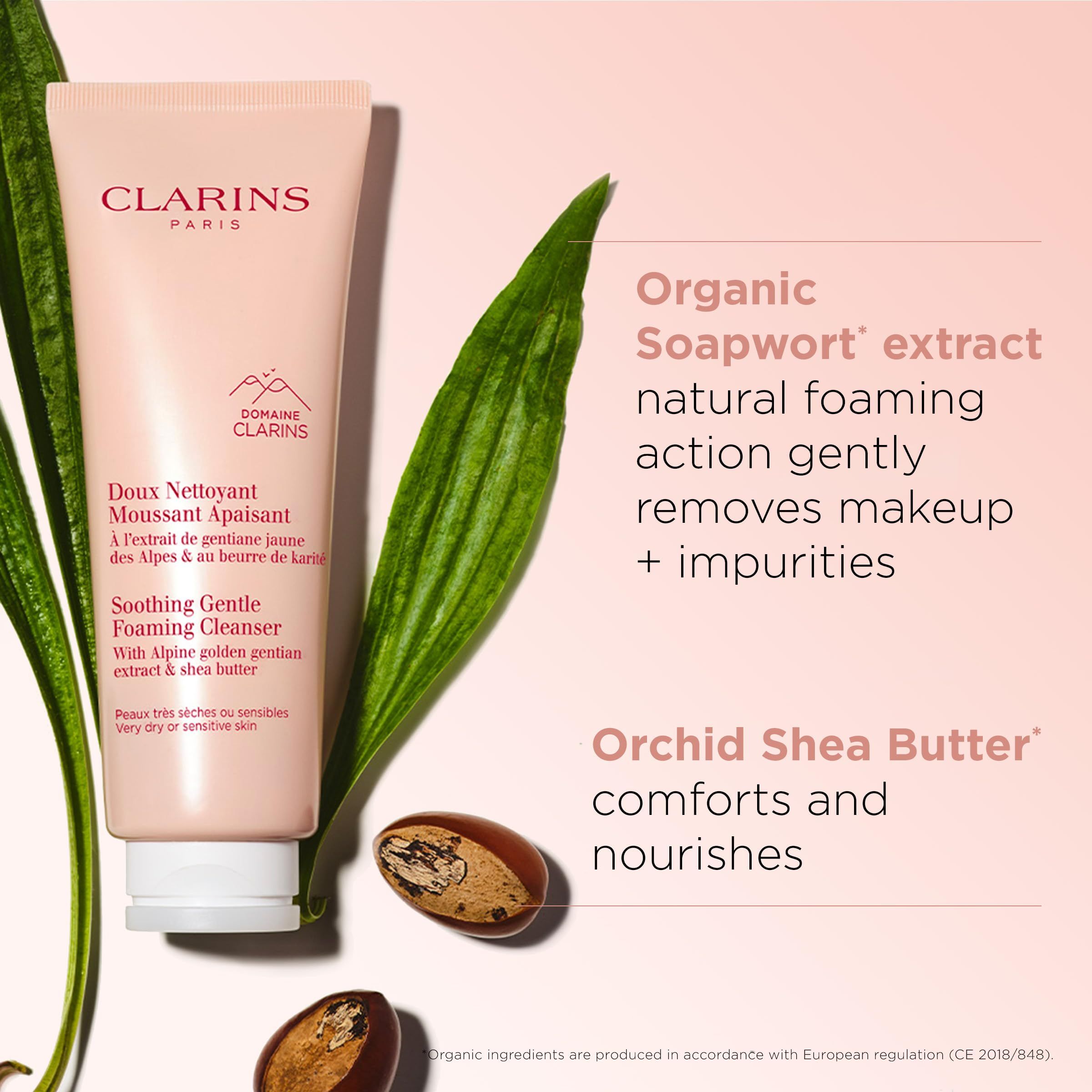 Tubo rosa con testo. Accanto, foglie e semi. Testo: Clarins Paris, Doux Nettoyant Moussant Apaisant, Soothing Gentle Foaming Cleanser. Testo: Organic Soapwort extract.