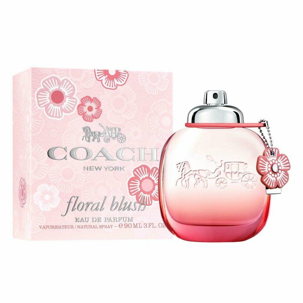 Confezione e flacone rosa. Scritta Coach New York, Floral Blush. Flacone con tappo argentato e ciondolo.