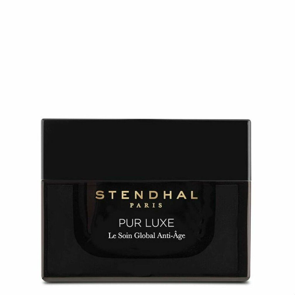 Vasetto nero con coperchio. Scritta dorata: Stendhal Paris, Pur Luxe, Le Soin Global Anti-Âge.