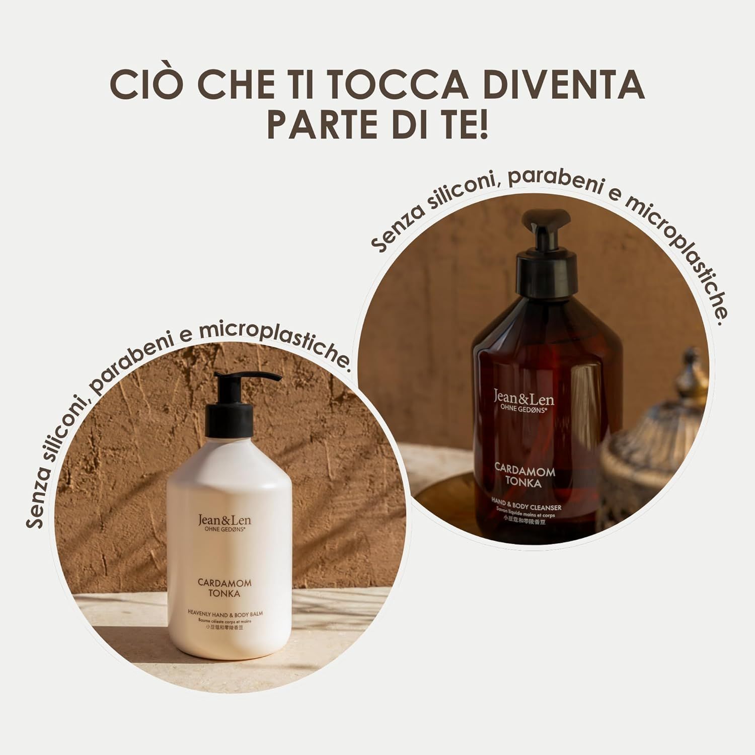 Due flaconi con dosatore nero. Testo: Cardamom Tonka. Senza siliconi, parabeni e microplastiche.
