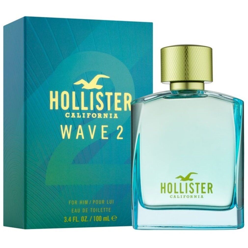 Flacone e confezione di Hollister Wave 2 Eau de Toilette Spray. Design blu-verde, tappo dorato. Scritta: Hollister, Wave 2.