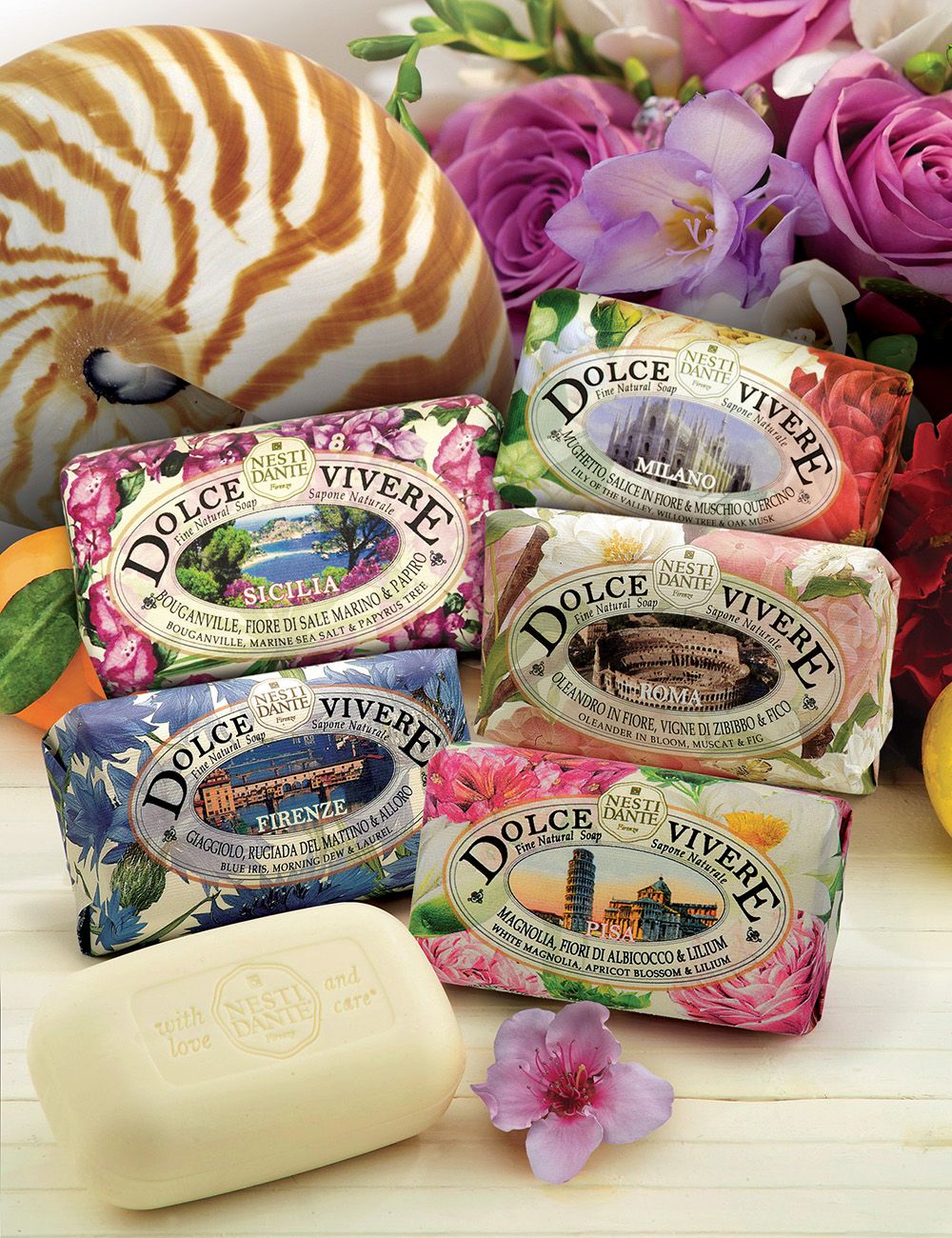 Set di saponi Nesti Dante Dolce Vita: Vari gusti come Sicilia, Firenze, Milano. Confezioni decorative.