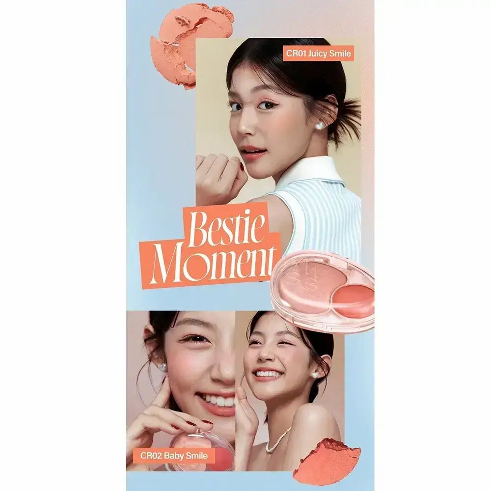Pubblicità con FWEE Mellow Dual Blusher CR02 Baby Smile. Donna con fard. Prodotto e colori del fard.