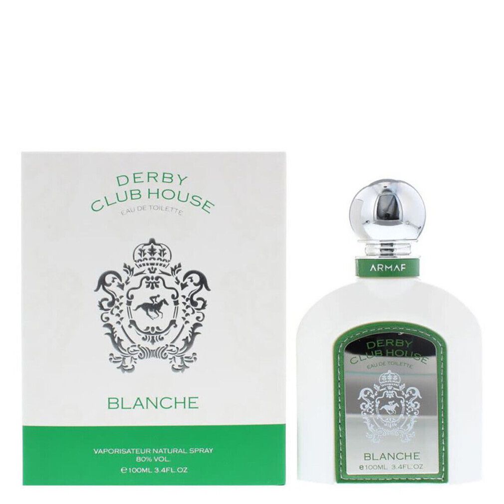 Flacone e confezione bianchi. Flacone con tappo argentato, etichetta verde. Confezione: DERBY CLUB HOUSE, BLANCHE.