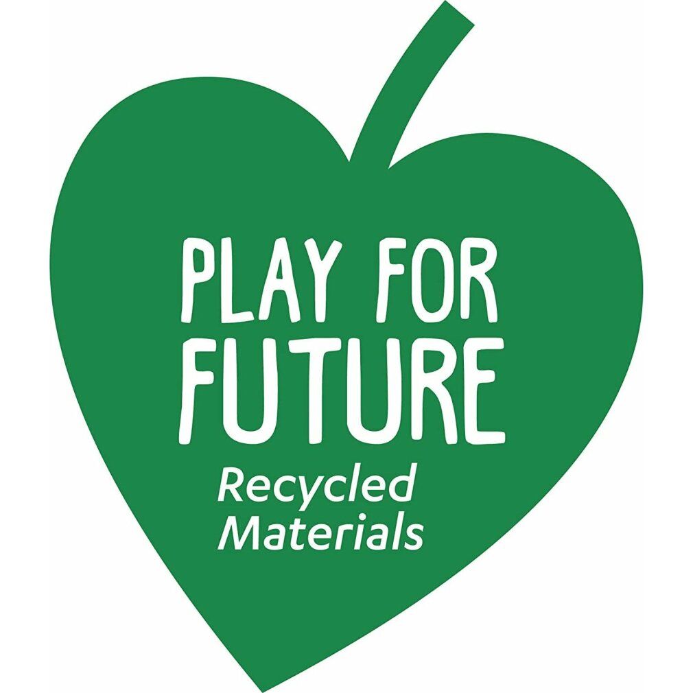 Logo verde "Play for Future" a forma di cuore. Testo: "Recycled Materials".
