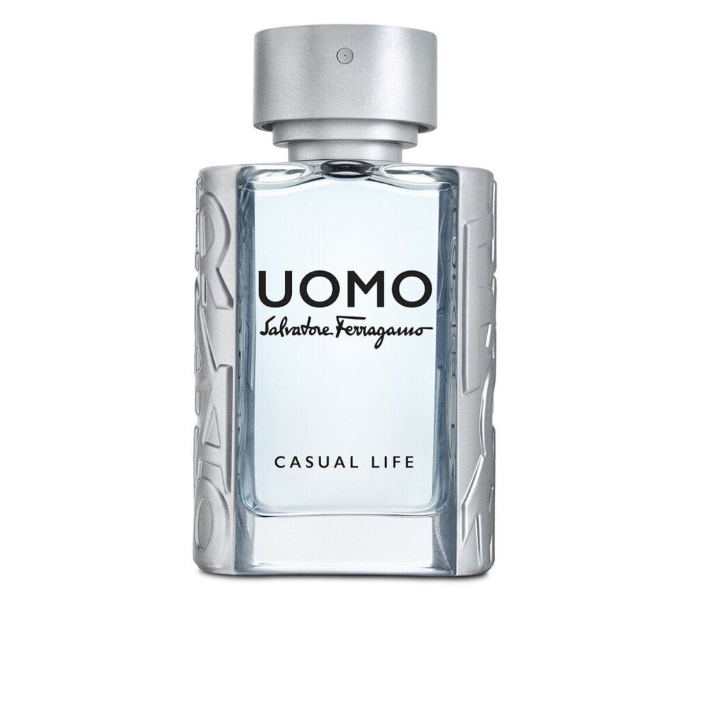 Flacone Uomo Casual Life Eau de Toilette. Forma rettangolare, tappo argentato. Testo: UOMO, Salvatore Ferragamo, Casual Life.