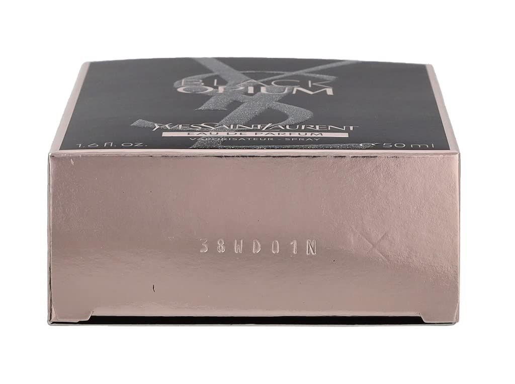 Parte superiore della confezione con Black Opium. Logo YSL. 1.6 fl. oz. 50ml. Codice 38WD01N.