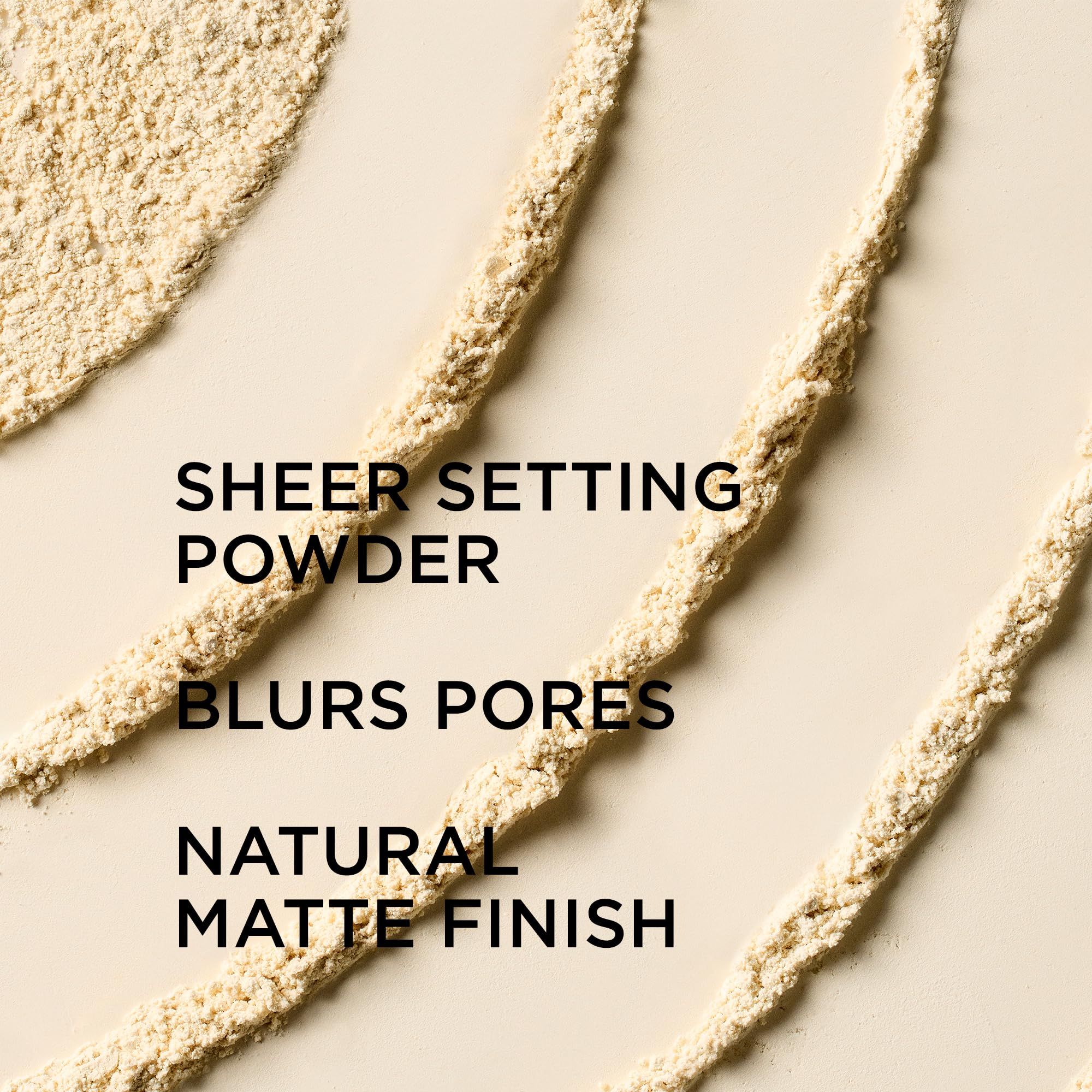 Testo: Sheer Setting Powder, Blurs Pores, Natural Matte Finish. Strisce di polvere.