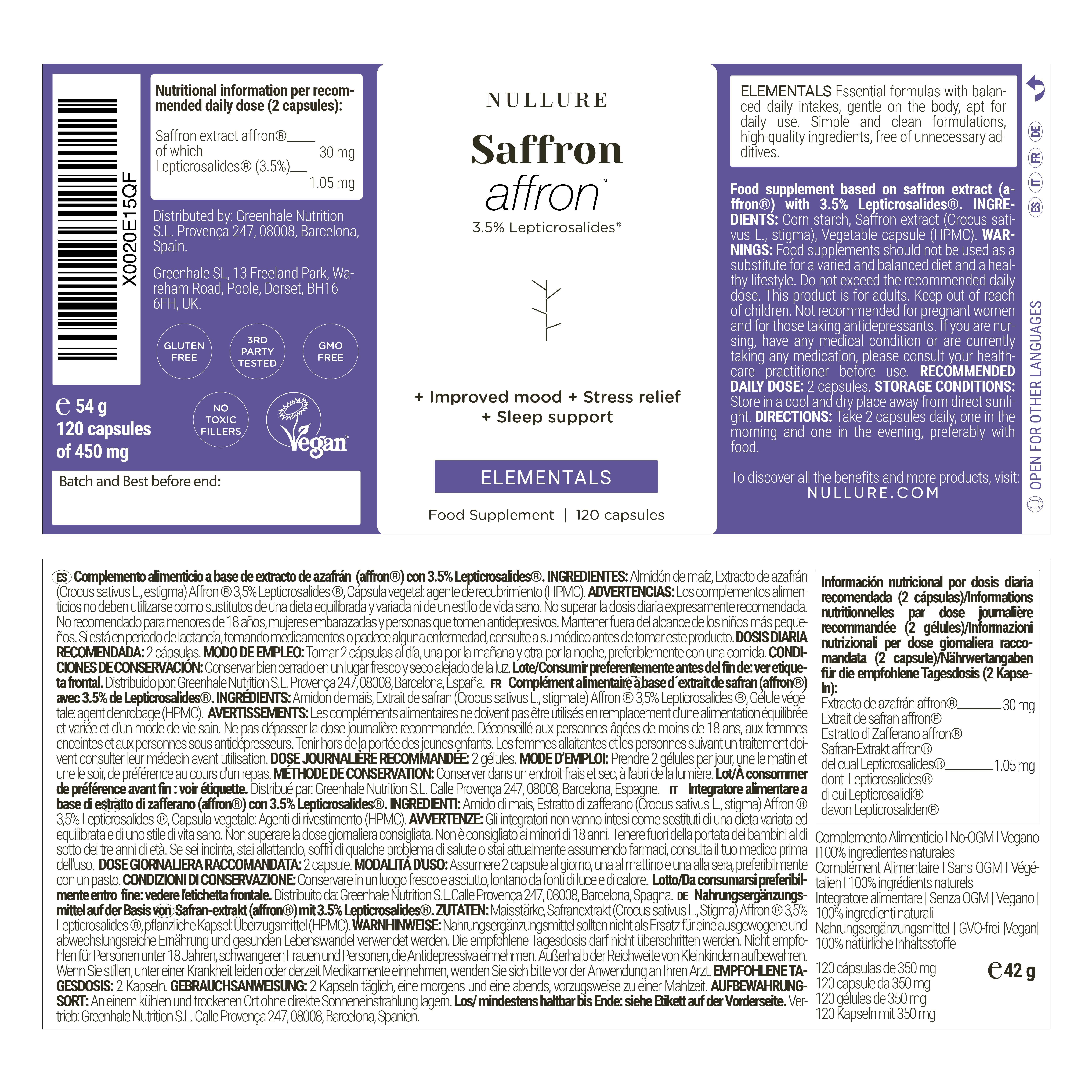Confezione con testo: Nullure Safran affron. 120 capsule. Testo: Senza glutine, senza OGM, vegano.