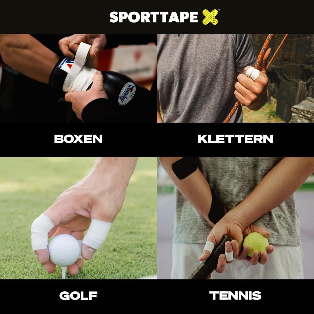 Quattro sport con nastro bianco: pugilato, arrampicata, golf, tennis.