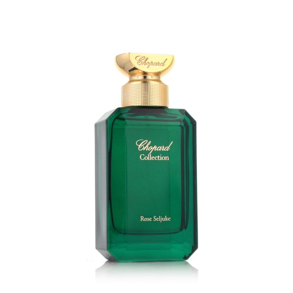 Flacone verde con tappo dorato. Scritta: Chopard Collection, Rose Seljuke. Forma angolare.