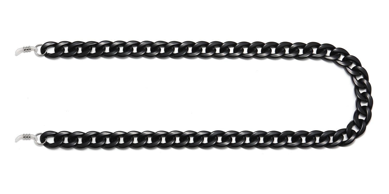 Catena per occhiali nera a maglie. Estremità con anelli per il fissaggio agli occhiali. Su sfondo bianco.