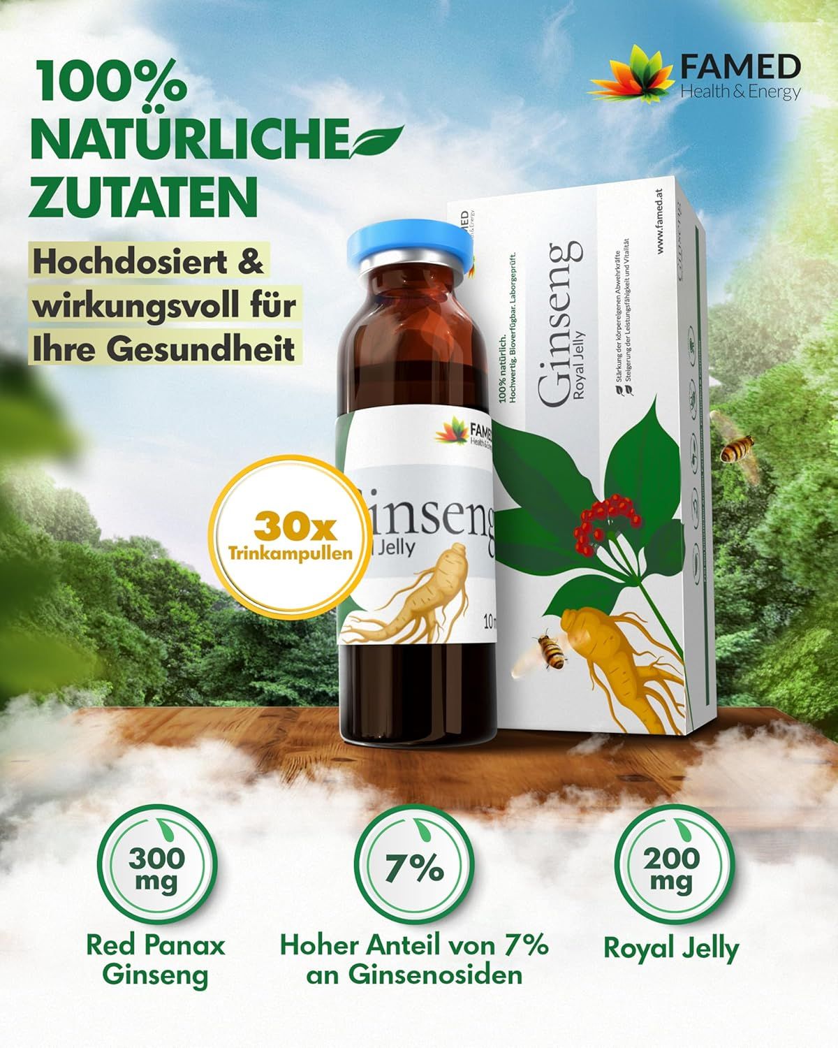 Fiala Ginseng Royal Jelly e confezione, circondate dalla natura, con api e dettagli ingredienti.