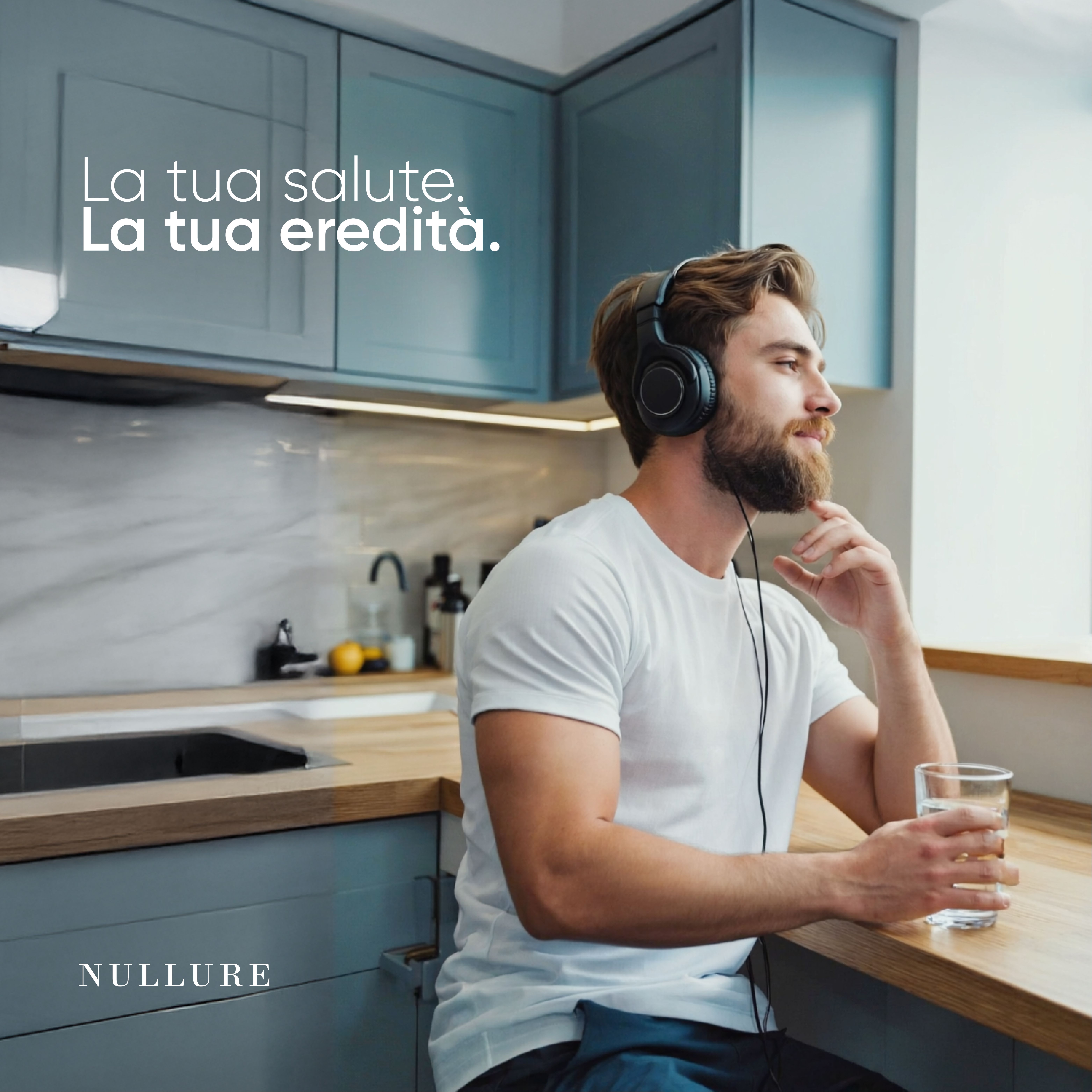 Uomo con cuffie e bicchiere d'acqua. Testo: La tua salute. La tua eredità.