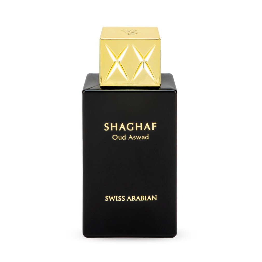 Flacone nero con tappo dorato. Testo: SHAGHAF Oud Aswad, SWISS ARABIAN.