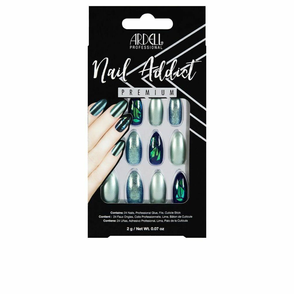 Unghie finte Ardell Nail Addict Premium. Unghie cromate verde glitterato in confezione. 12 unghie con design diversi.
