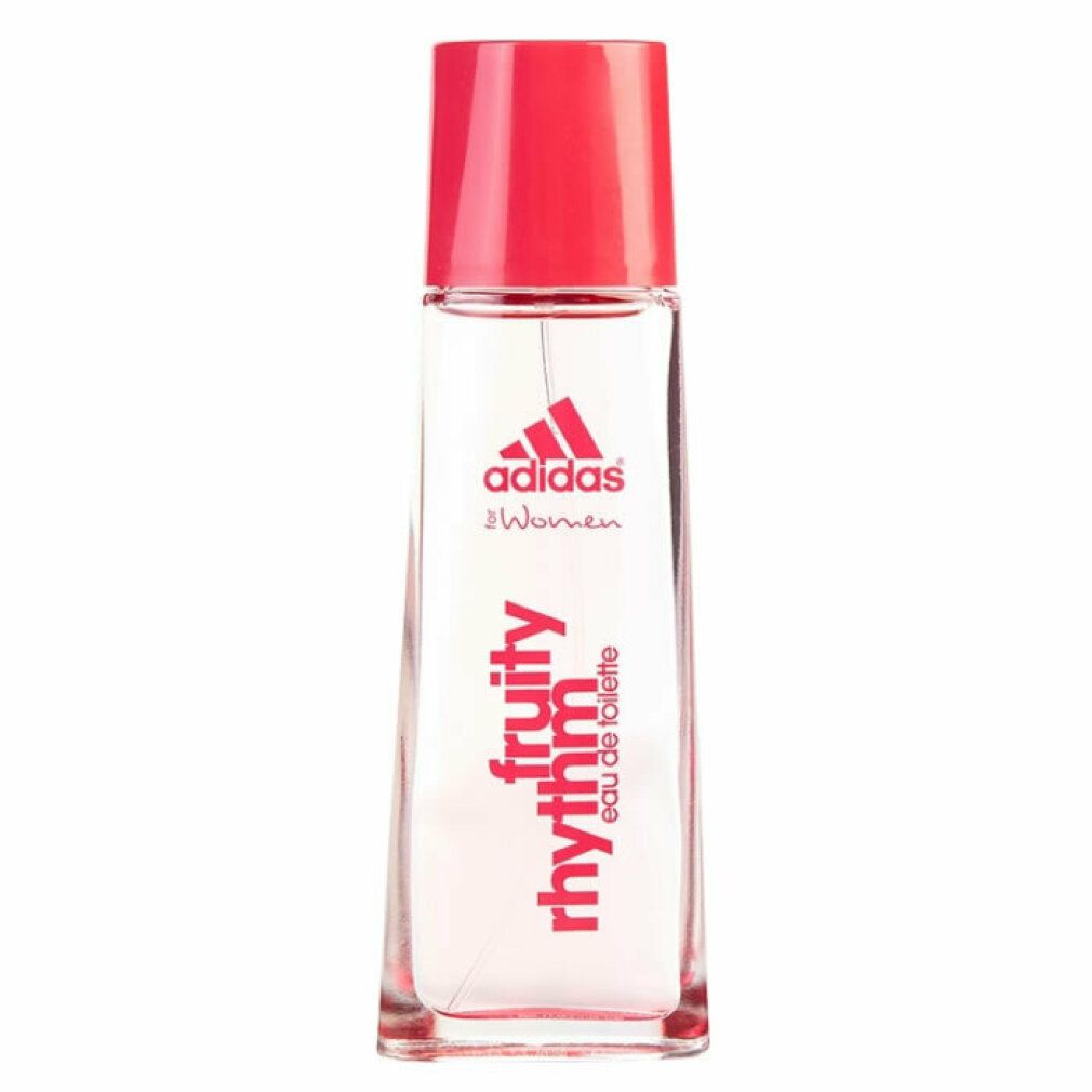 Flacone di vetro con tappo rosso. Scritta: Adidas, Fruity Rhythm, eau de toilette.