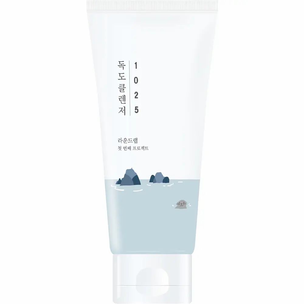 Tubo bianco con grafica blu e caratteri. Scritta: 1025, Dokdo Cleanser.