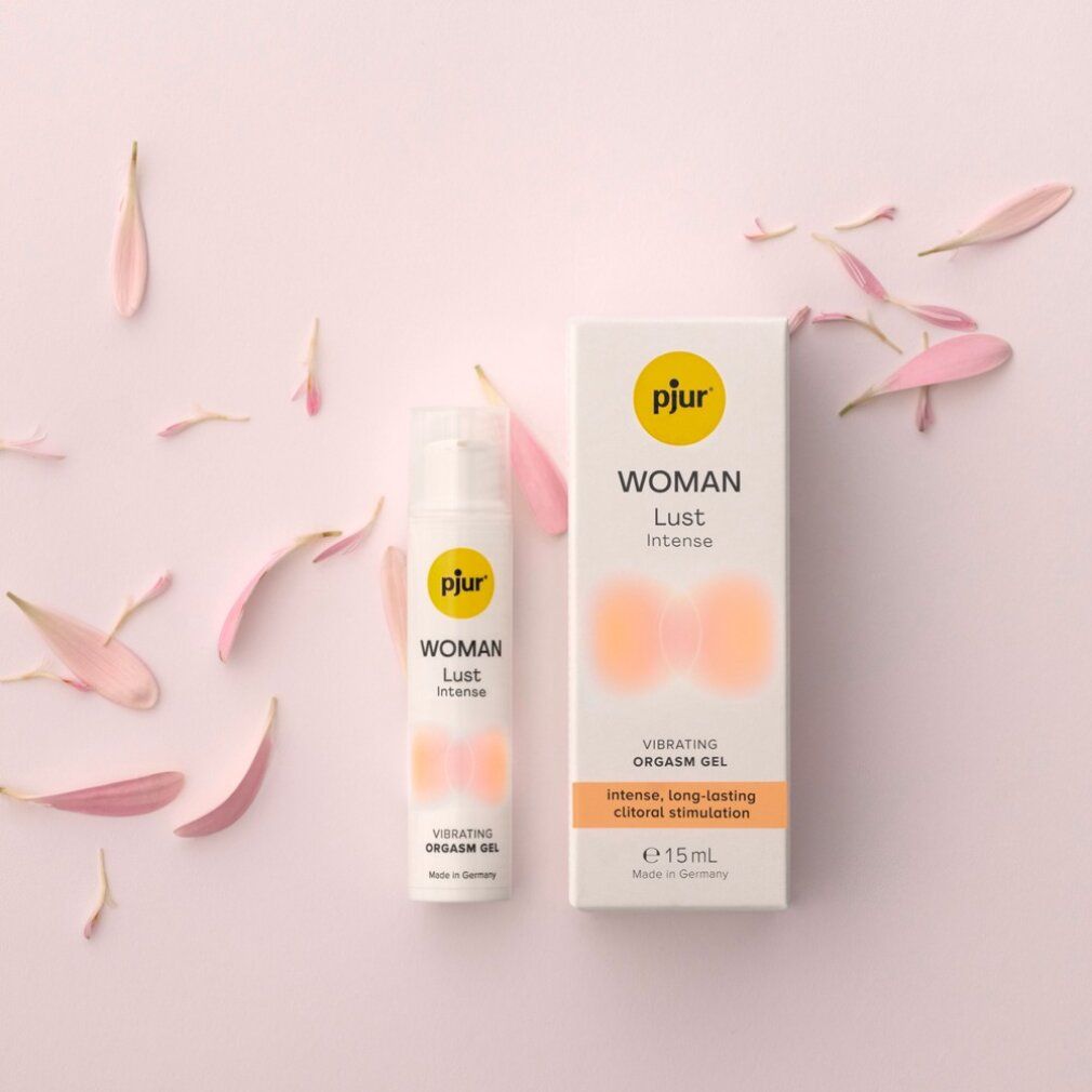 Confezione e flacone con petali. Testo: WOMAN Lust Intense, Vibrating Orgasm Gel, intense, long-lasting clitoral stimulation, e 15ml, Made in Germany.