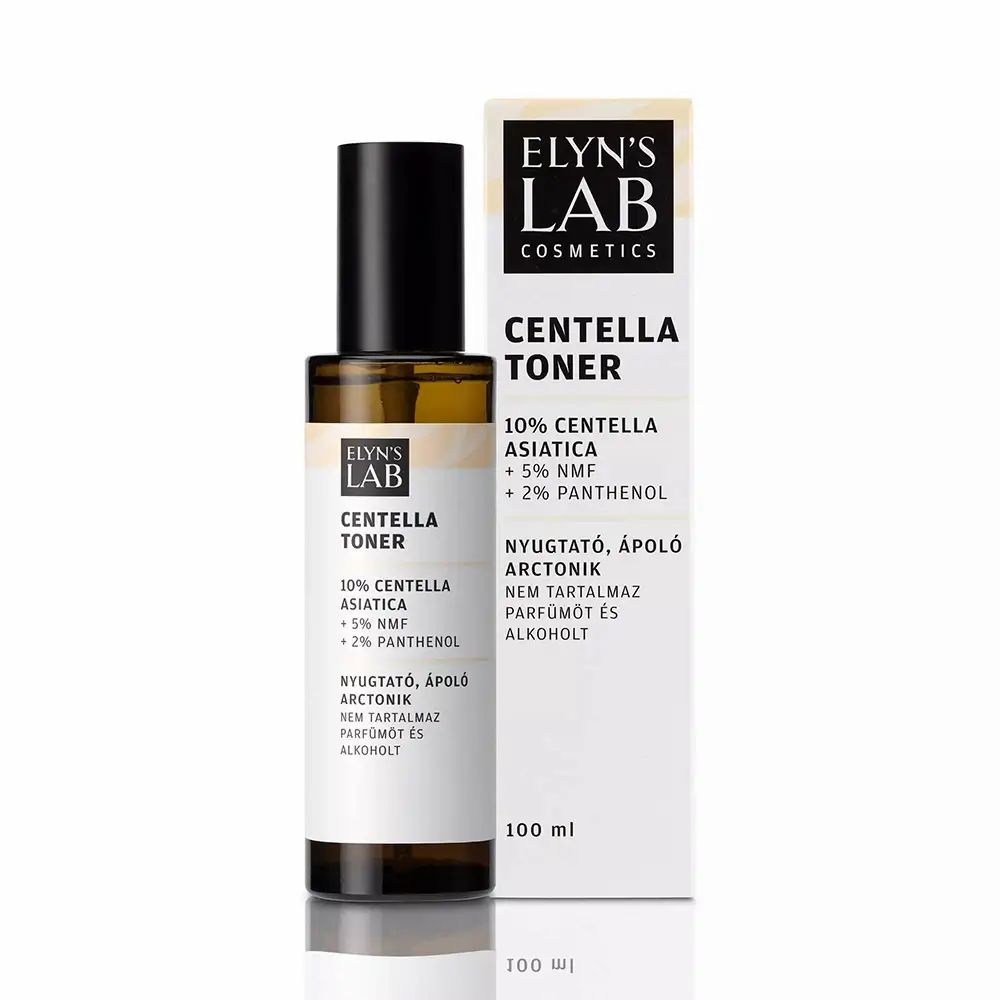 Flacone di tonico viso e scatola. Scritta: ELYN'S LAB, Centella Toner, 10% Centella Asiatica, 5% NMF, 2% Panthenol. 100 ml.