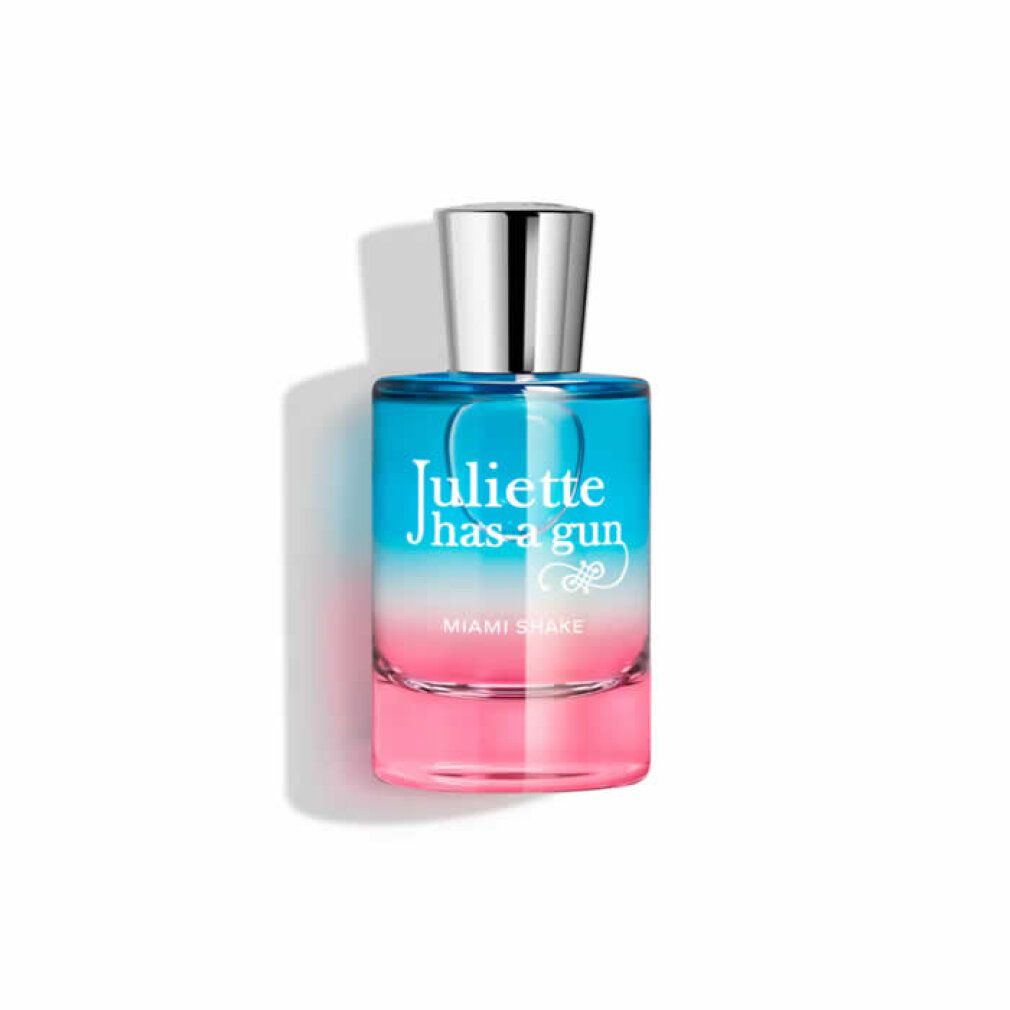 Flacone Juliette Has A Gun Miami Shake Eau de Parfum con tappo argentato. Gradiente dal blu al rosa.