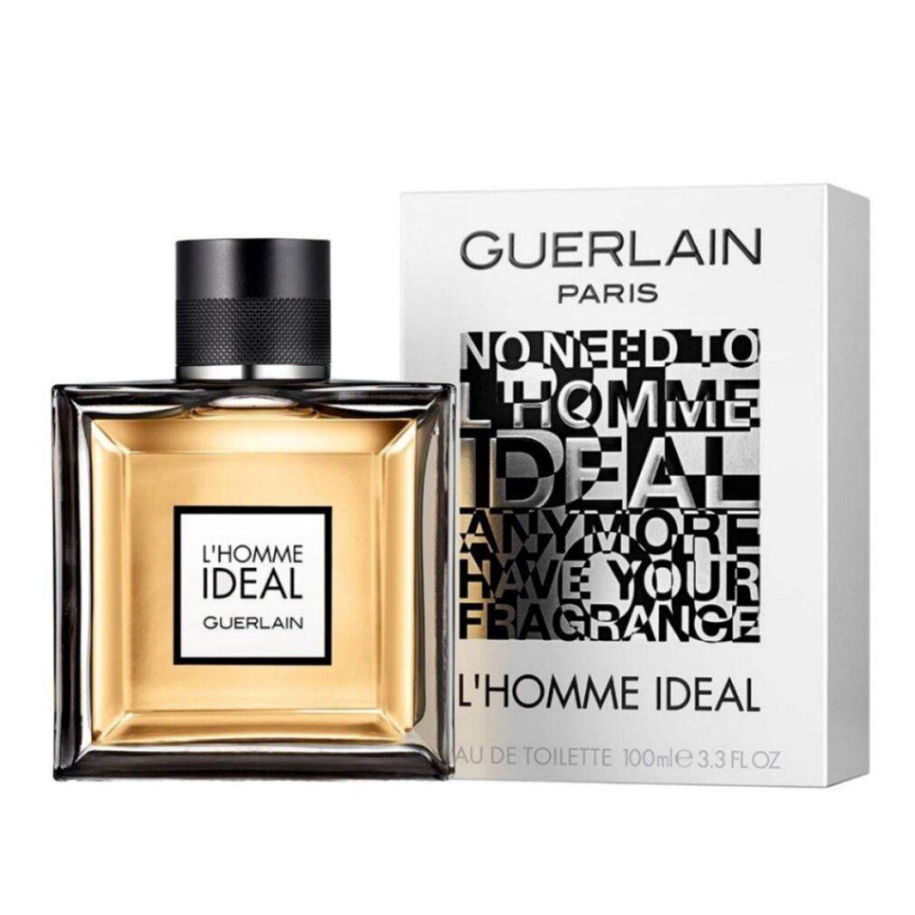 Flacone e confezione di Guerlain L'Homme Ideal Eau de Toilette. Flacone quadrato, tappo nero, liquido dorato. Confezione bianca.