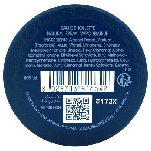 Coperchio blu di una confezione di profumo con testo e codice a barre. Contiene informazioni sugli ingredienti e sul produttore.