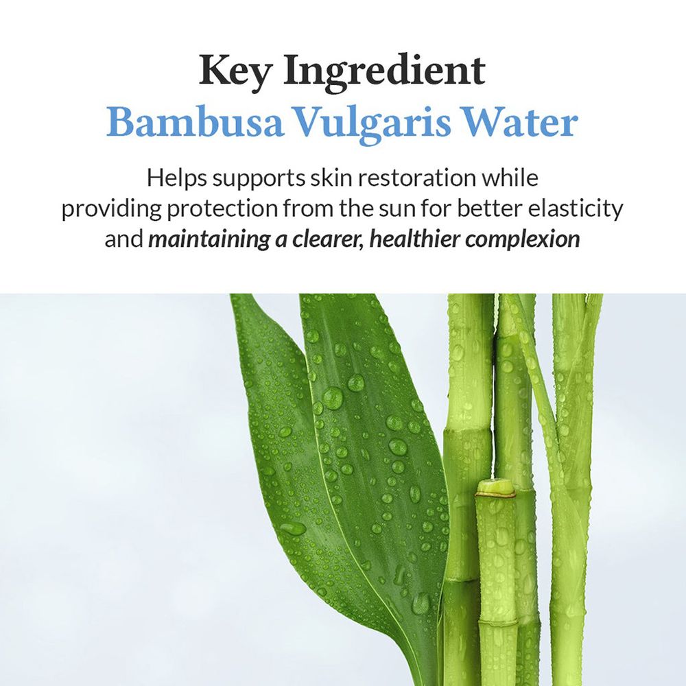Acqua di Bambusa Vulgaris come ingrediente chiave per la cura della pelle, con foglie di bambù.