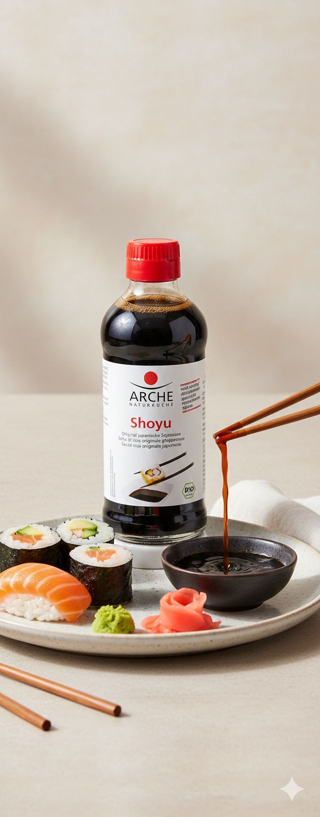 Bottiglia di salsa di soia Arche Shoyu con sushi, wasabi e zenzero sottaceto su un piatto.