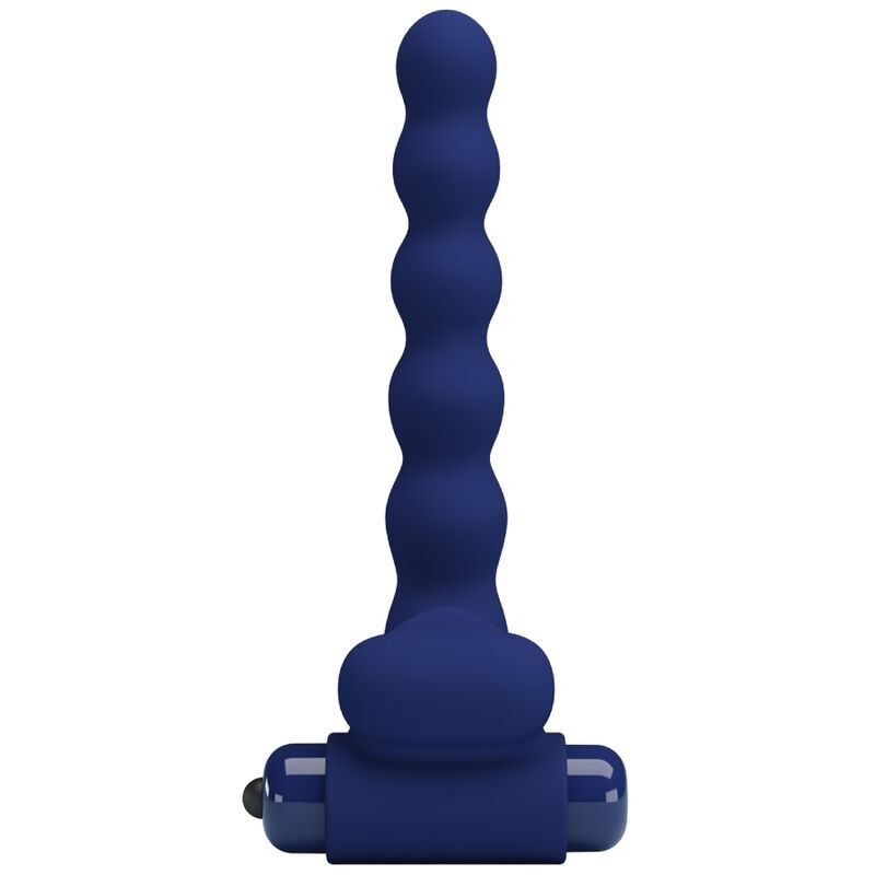 Vibratore blu scuro con texture a perle e anello di controllo, primo piano.