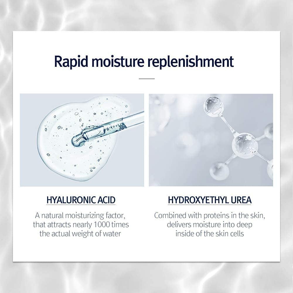 Testo su acido ialuronico e idrossietilurea. Immagini di liquidi.