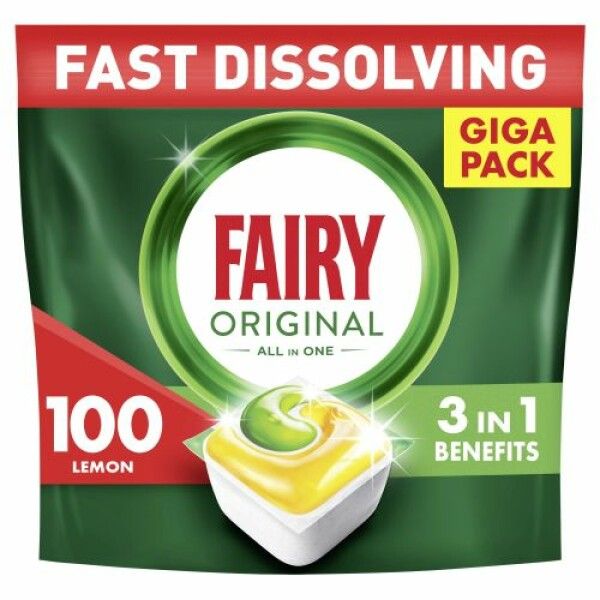 Confezione di pastiglie lavastoviglie. Verde, con logo 'FAIRY ORIGINAL'. Testo '100 Lemon' e '3 in 1 Benefits'. GIGA PACK.