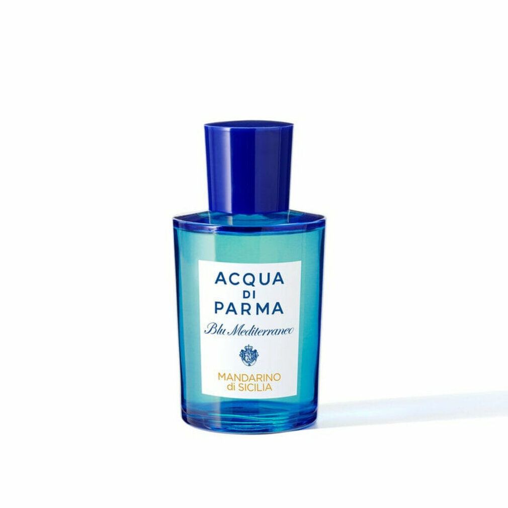 Flacone blu-verde. Scritta: Acqua Di Parma Blu Mediterraneo Mandarino di Sicilia.