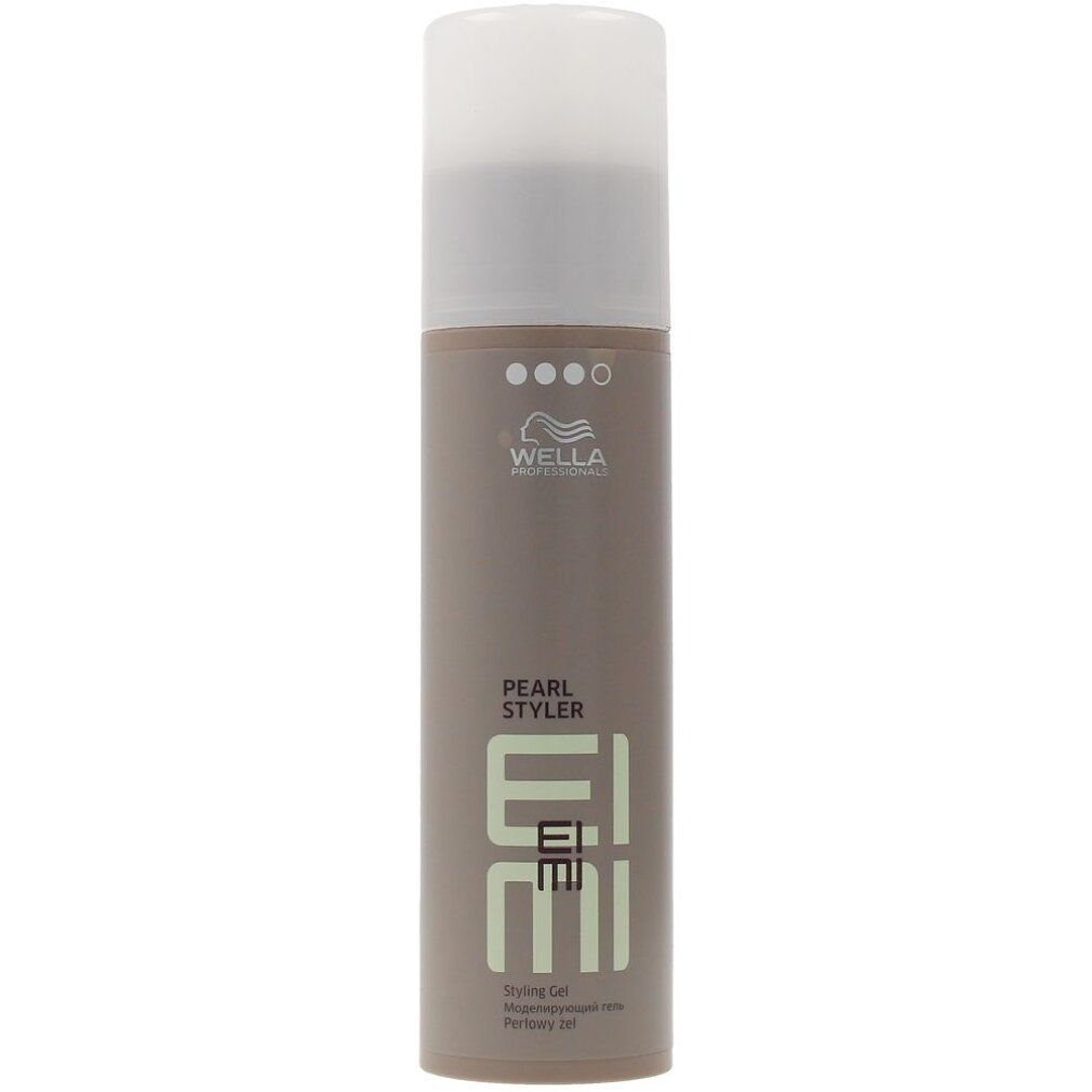 Flacone cilindrico con tappo bianco. Scritte: Wella, Pearl Styler, Eimi. Colori grigio e verde.