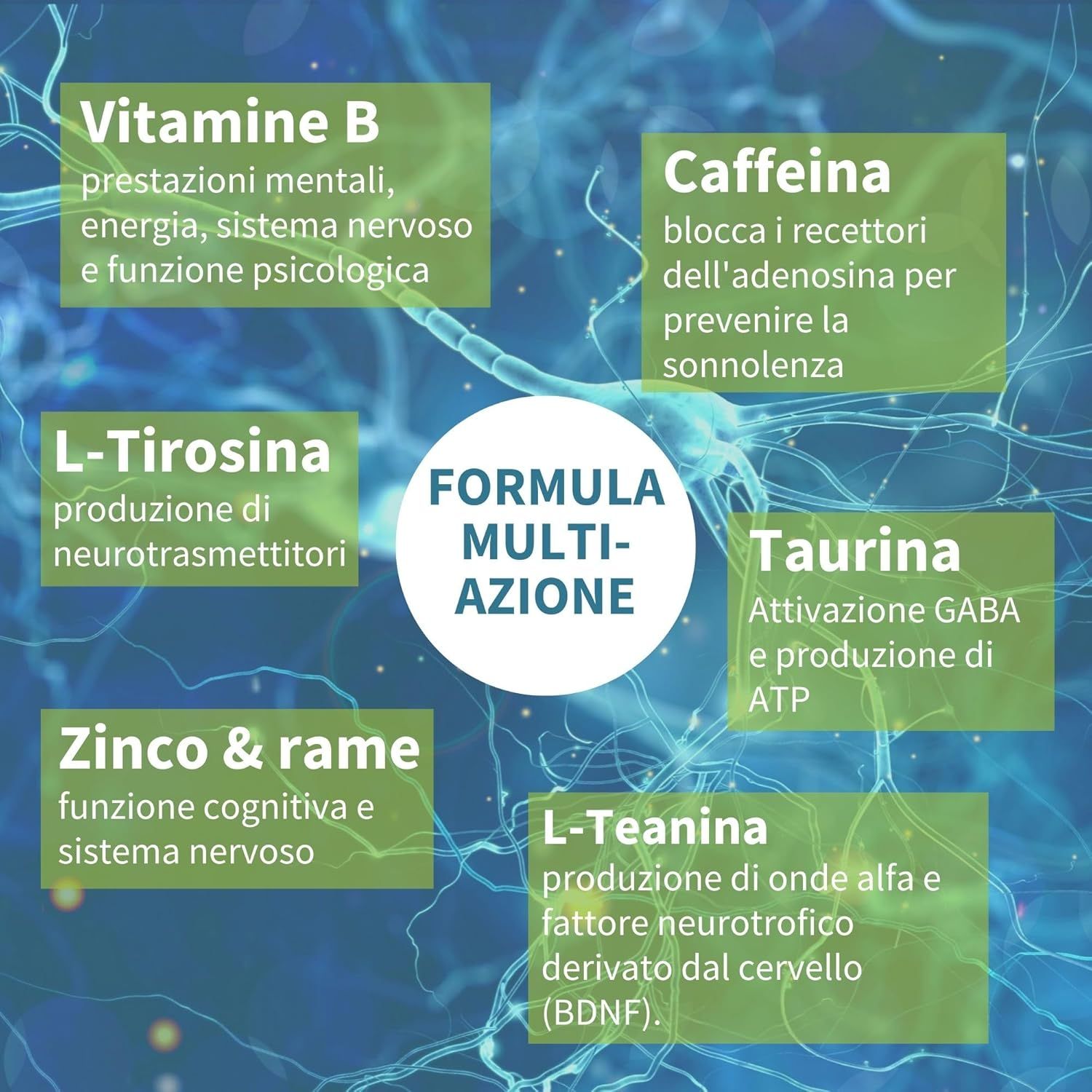 Flacone Igennus Focus con caffeina, L-teanina, taurina, L-tirosina, vitamine B, zinco, rame.