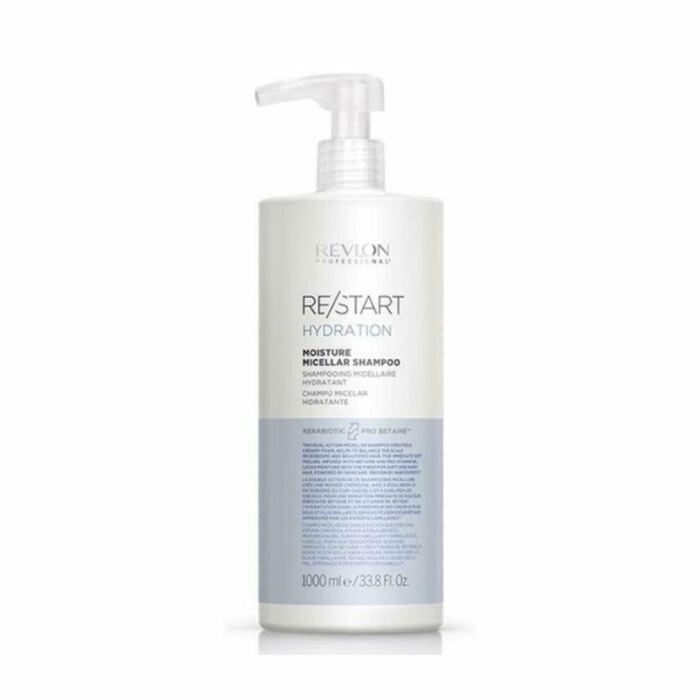 Flacone di shampoo bianco con pompa ed etichetta blu. Scritta: Revlon Re-Start Hydration, Moisture Micellar Shampoo. 1000 ml.