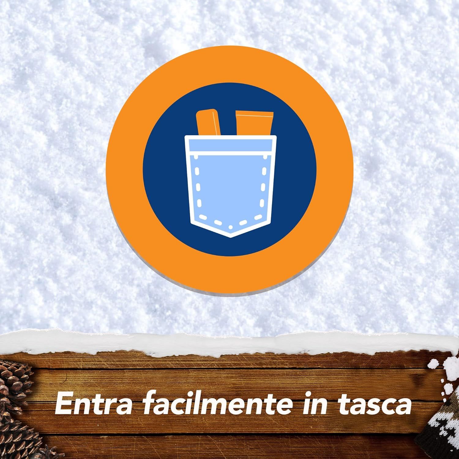 Simbolo con rossetto in tasca. Testo: Entra facilmente in tasca.