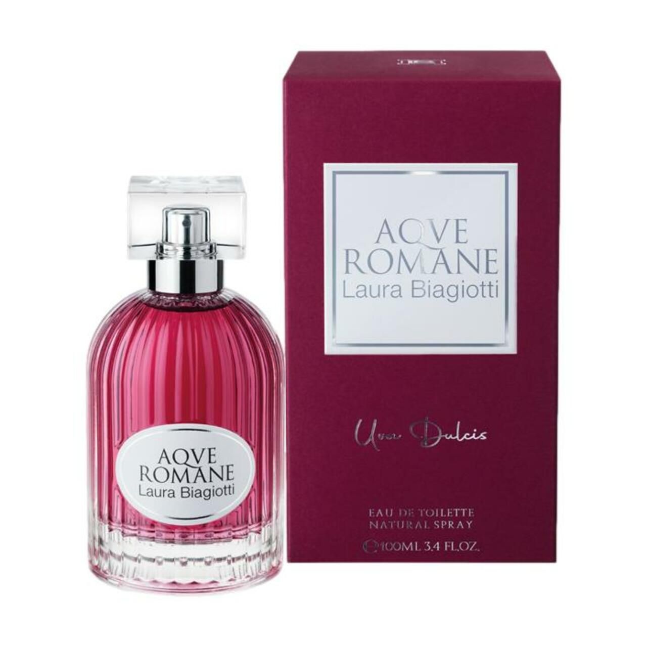 Flacone e scatola Laura Biagiotti AQVE ROMANE Uva Dulcis Eau de Toilette.