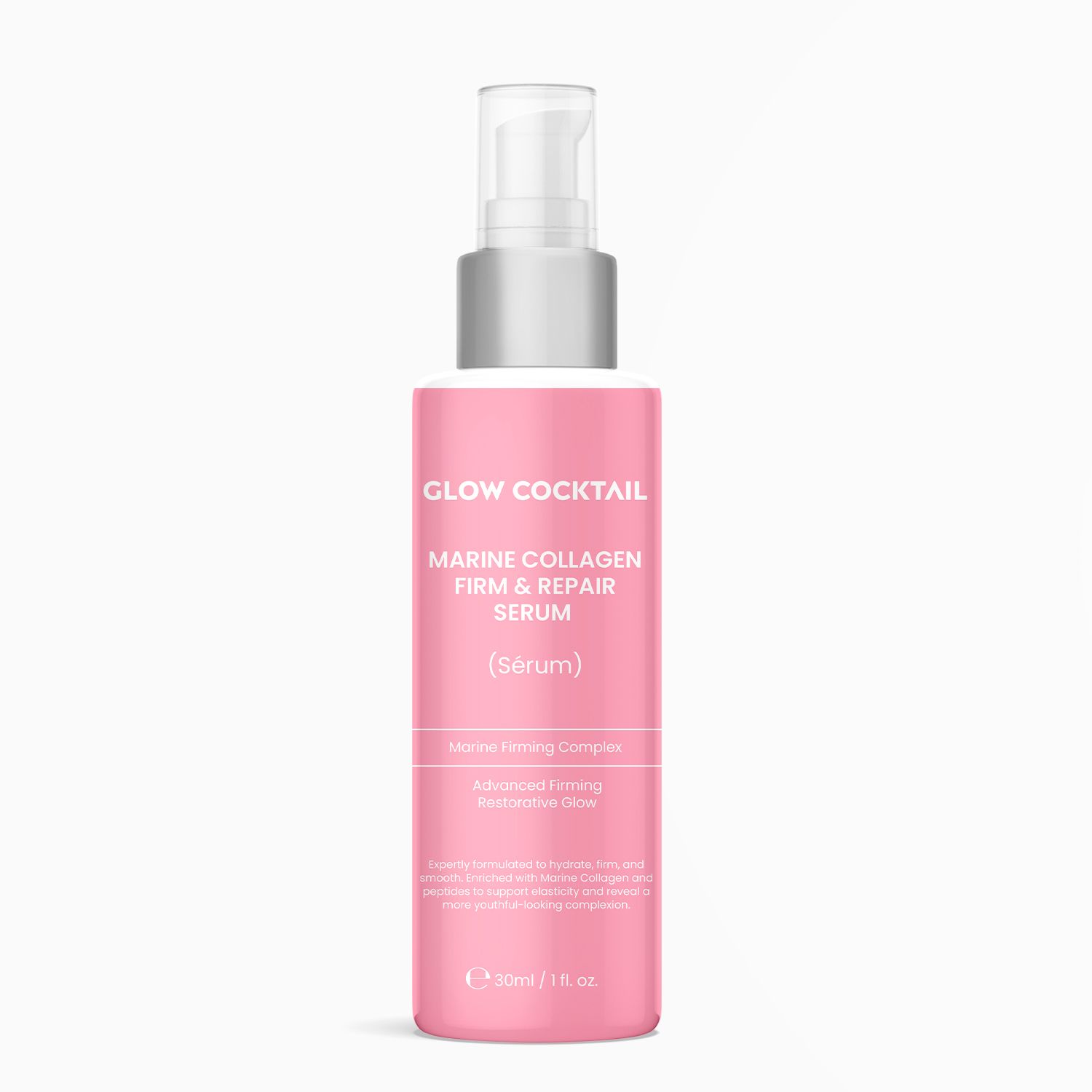 Flacone di siero rosa con pompa argentata. Scritta: Glow Cocktail, Marine Collagen Firm & Repair Serum. Contiene testo sugli ingredienti.