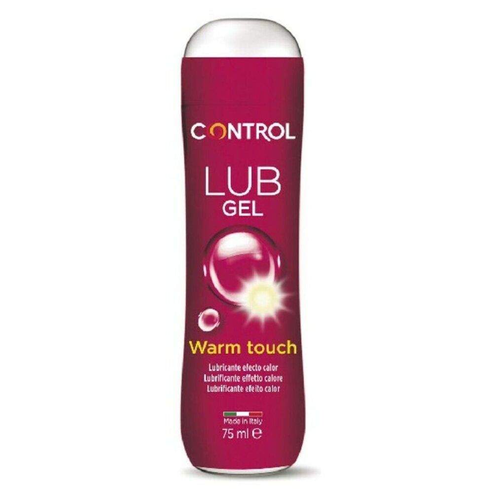 Flacone cilindrico "CONTROL LUB GEL". Testo: "Warm touch". Colore: viola. Tappo bianco. 75 ml.