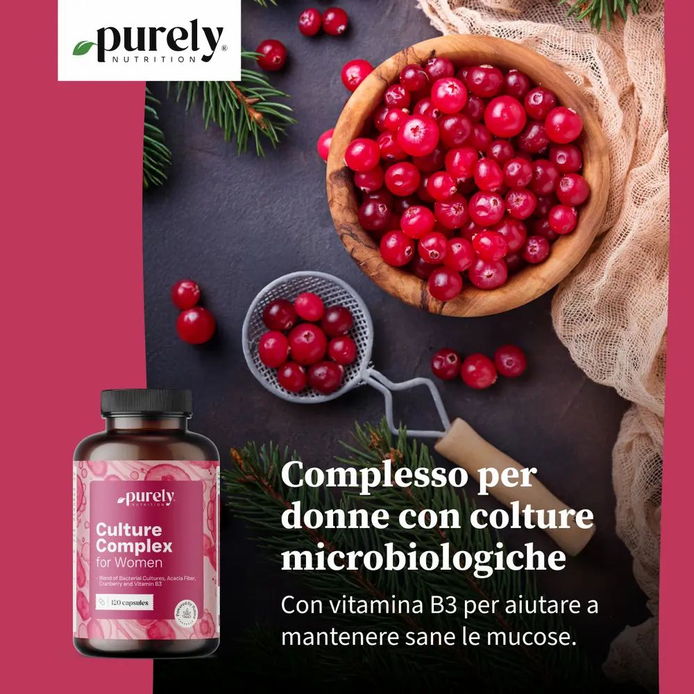 Bottiglia con capsule accanto a mirtilli rossi. Testo: Culture Complex for Women. Con vitamina B3.