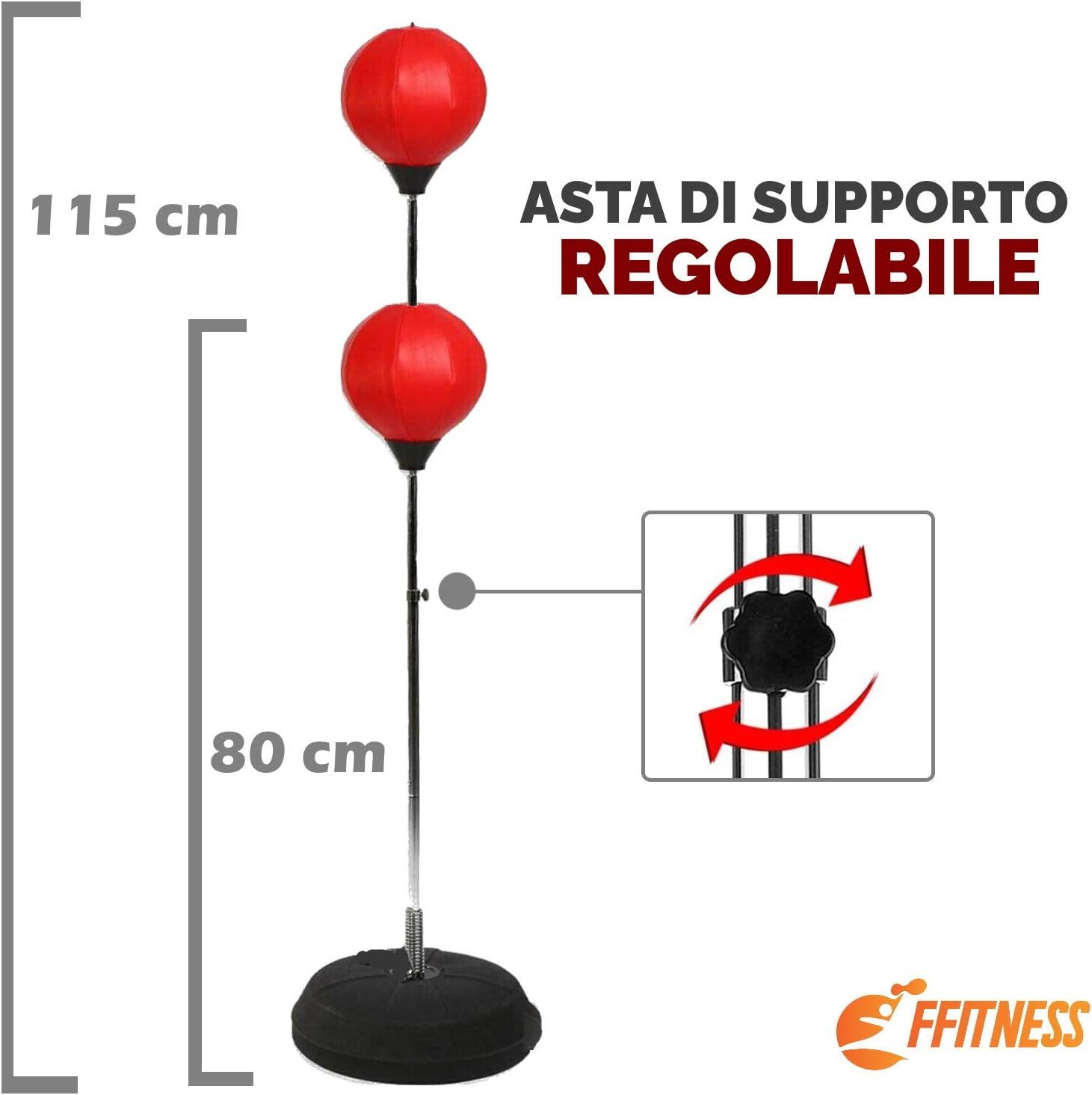Sacco da boxe con supporto regolabile. Due palle rosse. Altezza 115 cm e 80 cm. Logo FFitness sulla base.